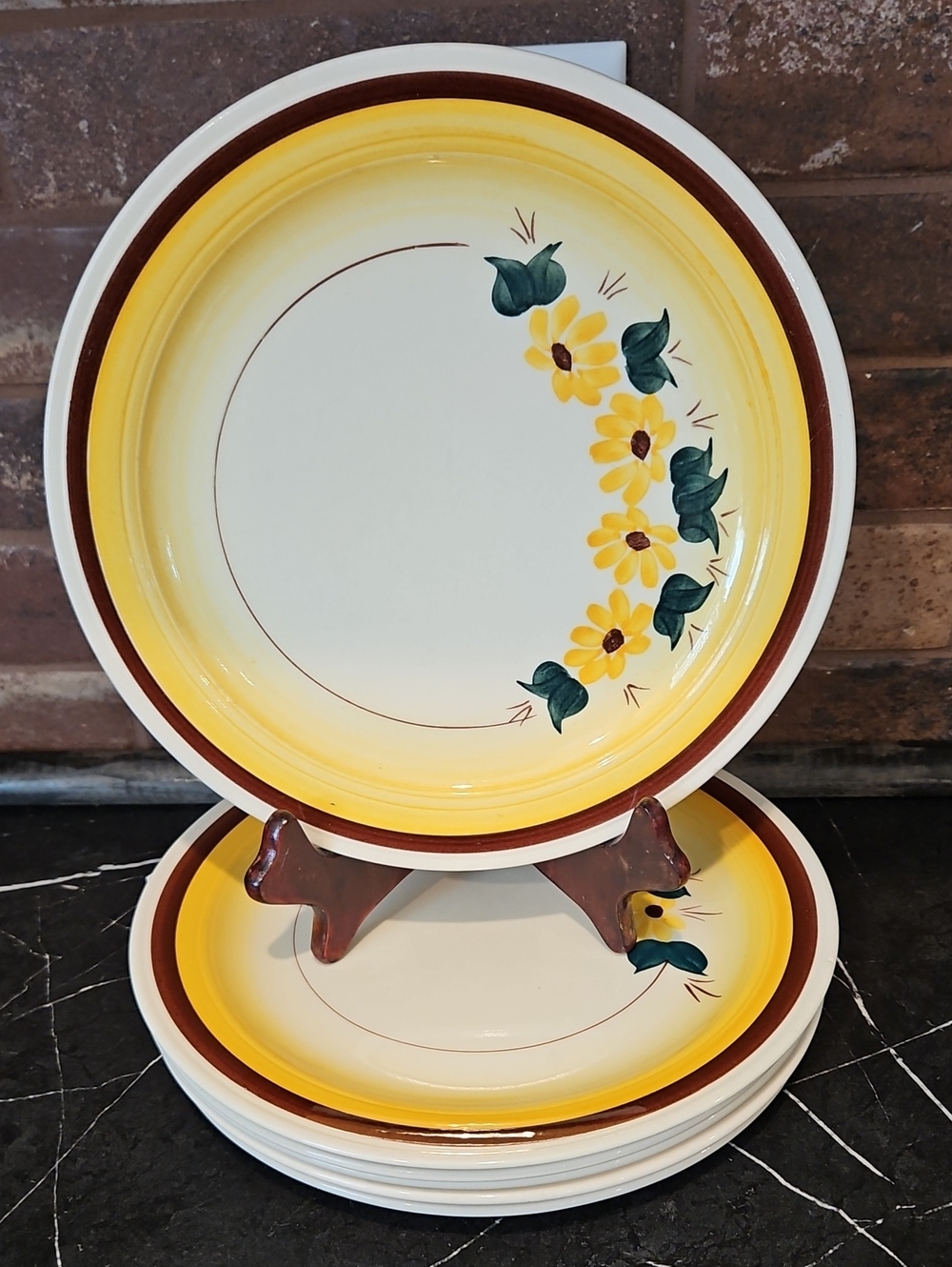Vernon Kilns Vintage Black Eye Susan 6 Luncheon Plates